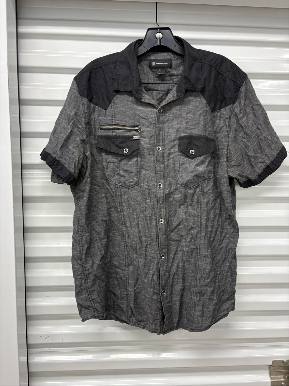 INC International Concepts Gray/Black Herringbone Button-Up Shirt L